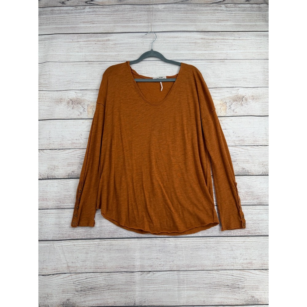 Free People Long Sleeve Top Womens Medium Orange V-Neck Button Cuff Slub Slouchy